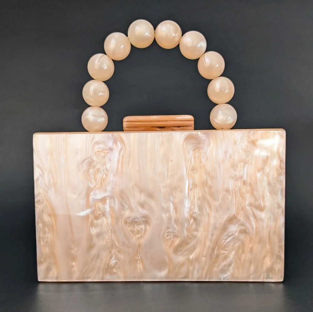 Orange Mother of Pearl Acrylic Box Clutch Purse Chunky Beaded Handle